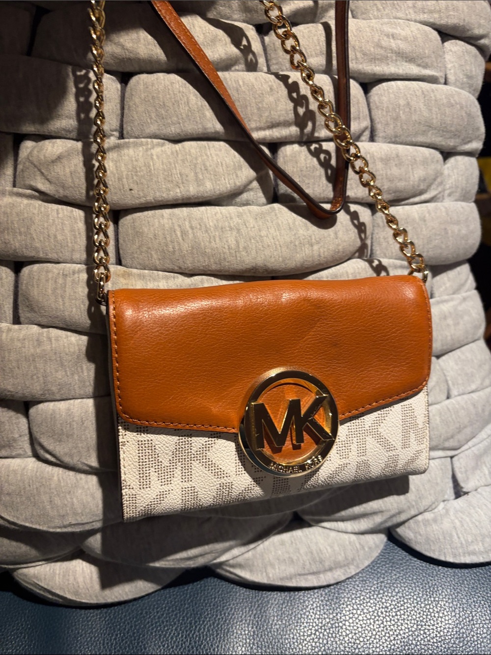 Michael Kors Tan and Cream Logo Chain Crossbody Bag